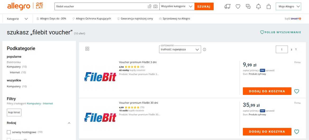 Wyszukiwanie Filebit na Allegro